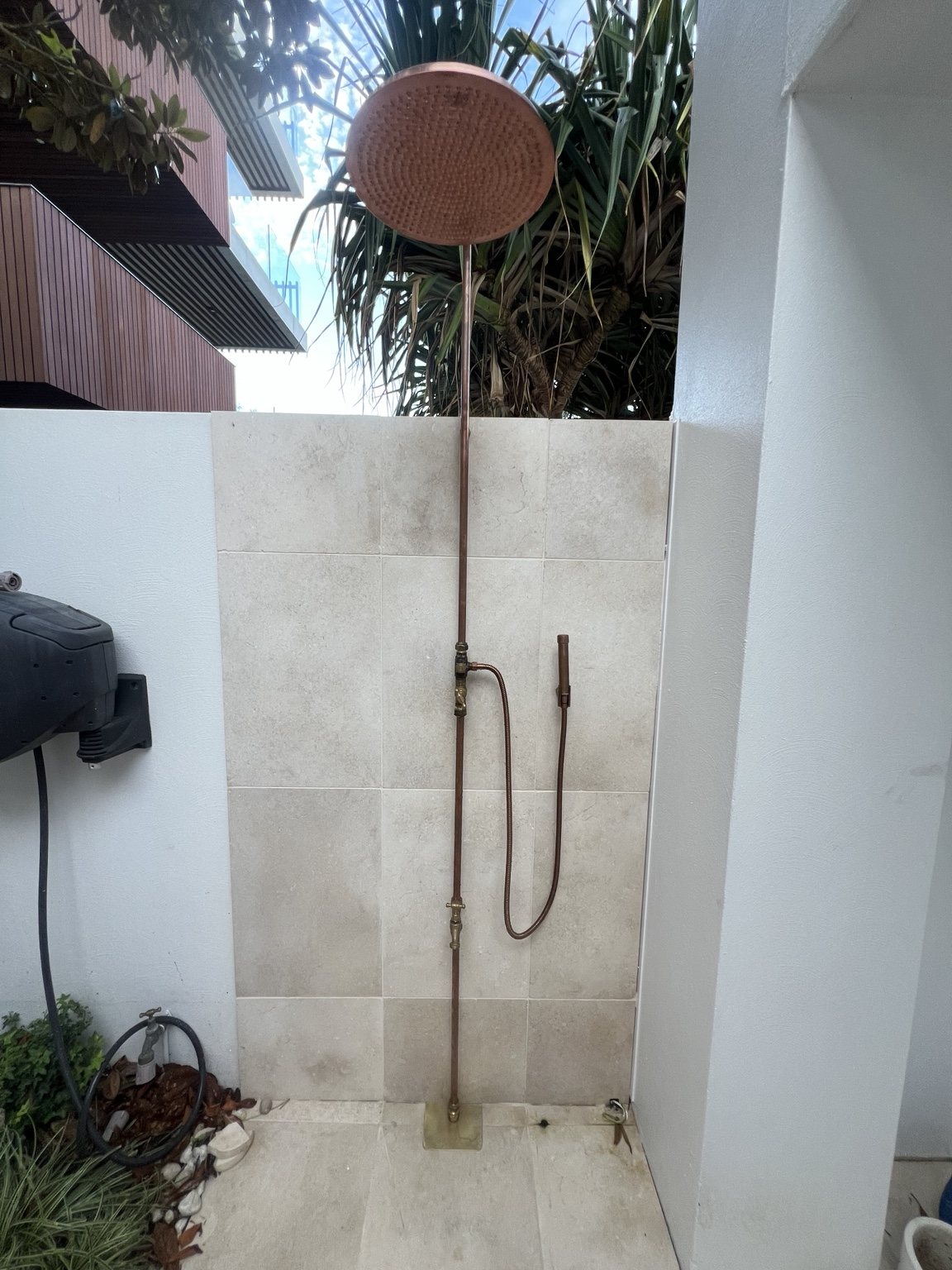Custom copper outdoor shower plumbing installation by Hobbs Plumbing